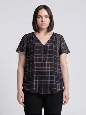 torrid Black Plaid V-Neck Blouse with Pink Trim